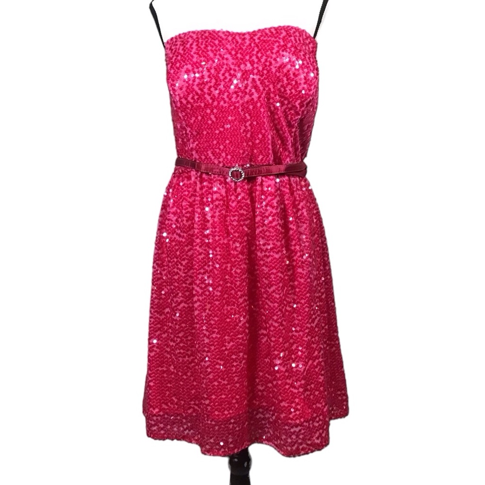 Deb Womens Vintage Sequin Cocktail Dress Size 3X Layered Tulle Belted Fuchsia